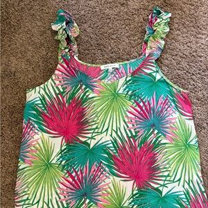 Rose & Olive Tropical Palm Ruffle Strap Tank in Pink, Teal & Lime